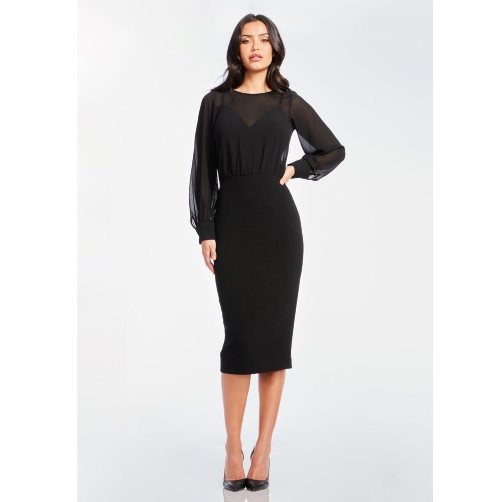 Dress The Population Pilar Black Sheer Sleeve Midi Dress small
